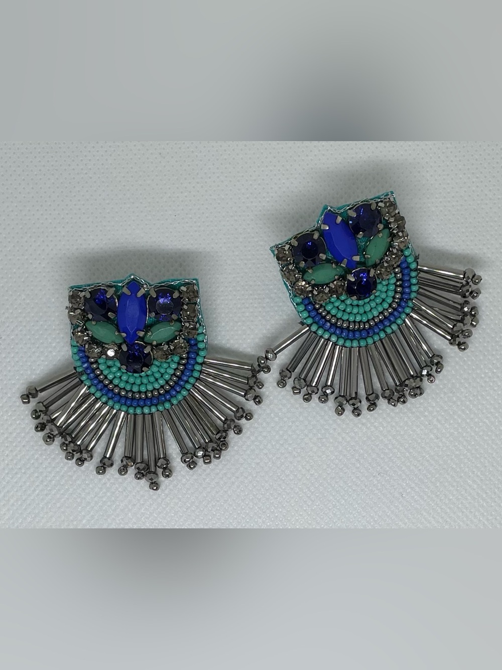 Boho Beaded Statement Earrings Blue Turquoise Rhinestone Fringe Handmade